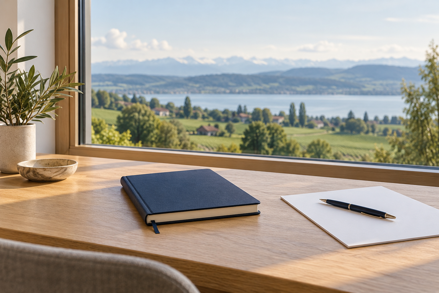 Ruhiger Arbeitsplatz am Fenster mit Notizbuch und Blick ins Grüne